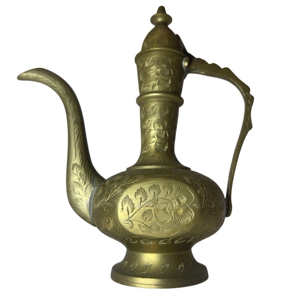 Brass Home Decor Perfume Oil Decanter Carved Lid Intact 6" Maximalism MCM